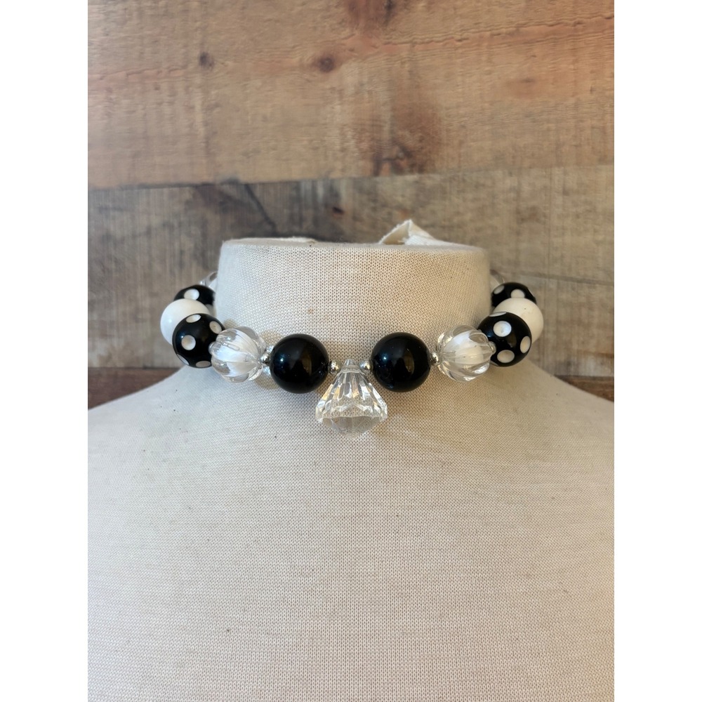 Chunky Black White Polka Dot Bead Statement Necklace Heart Toggle Clasp